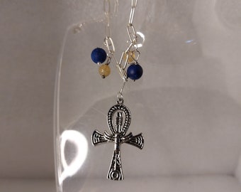 Paperclip chain 925 silver bracelet with Egyptian symbol and quartz, lapis lazuli bead dangles
