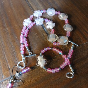 Pink cotton candy art glass set of necklace, bracelet and earrings on stainless steel hooks