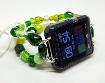 Chunky green bead watch band with regular watch.  Band fits most Apple Watches, Android Watches, and other devices with strap pins or bars