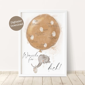 Geschenk Baby Geburt | Babyzimmer Poster | Fingerprint Poster Geburt | Elefant mit Luftballon beige/grau | Digitaler Download