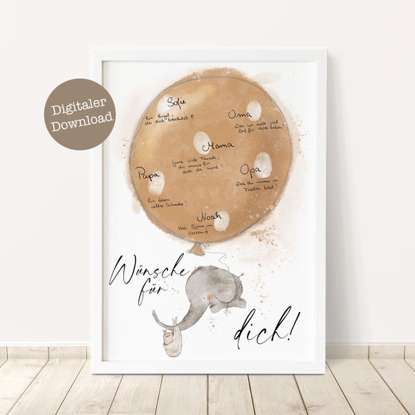 DIGITAL baby shower poster | baby room poster | fingerprint poster birth | elephant with balloon beige/grey | digital download