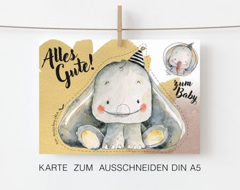 Karte zur Geburt Postkarte · Glückwunschkarte · DIN A5 · Lustige Karte Geburt · Karte zum ausschneiden · Karte Elefant Baby