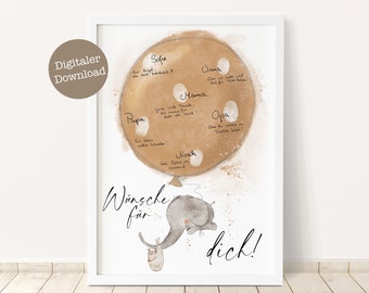 Cartel DIGITAL del baby shower ? Póster de la habitación del bebé | Póster de huellas dactilares Nacimiento | Elefante con globo beige/gris | Descarga digital