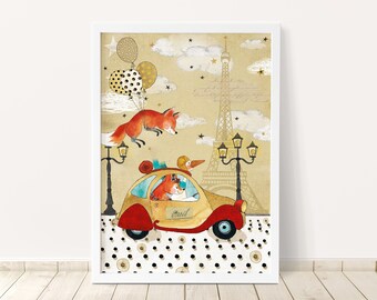 Kinderbild Citroën Ente Paris · Kinderposter Fuchs und Gans · Kultauto · Eifelturm