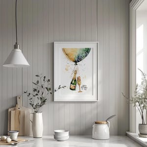 Peut inclure: Une peinture &agrave; l'aquarelle d'une bouteille de champagne et d'un verre attach&eacute;s &agrave; un ballon avec le num&eacute;ro 50 et le mot "FUN50" dessus. Le texte "Joyeux anniversaire &agrave; toi" est &eacute;crit sous la bouteille et le verre.