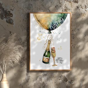 Peut inclure: Une illustration aquarelle d'un ballon vert et or avec le texte "FUNF21G" dessus. Le ballon est attach&eacute; &agrave; une bouteille de champagne et &agrave; une fl&ucirc;te &agrave; champagne. Le texte "HAPPY BIRTHDAY TO YOU" est &eacute;crit sous la bouteille et la fl&ucirc;te.