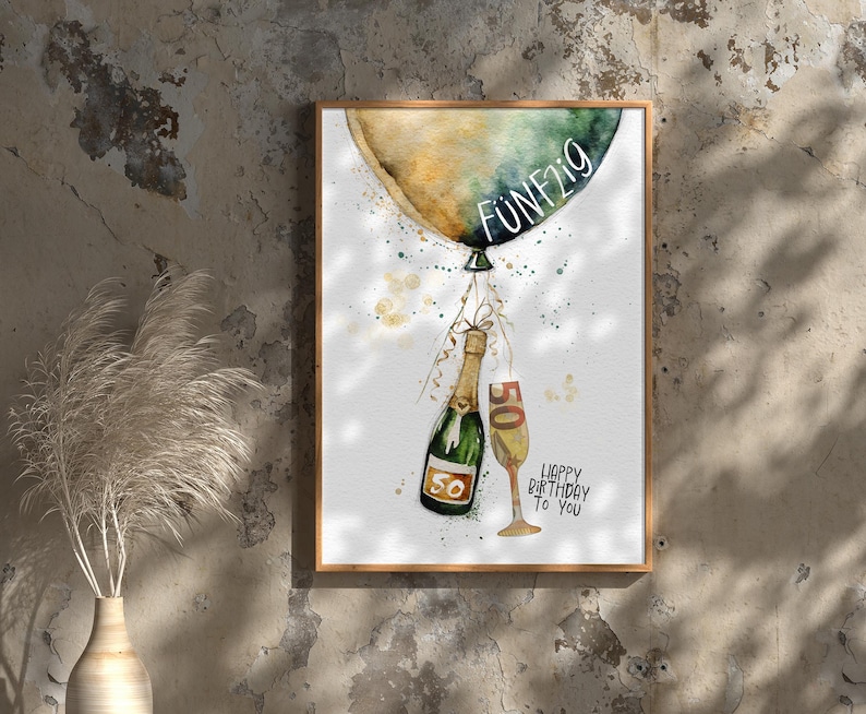 Peut inclure: Une illustration aquarelle d'un ballon vert et or avec le texte "FUNF21G" dessus. Le ballon est attach&eacute; &agrave; une bouteille de champagne et &agrave; une fl&ucirc;te &agrave; champagne. Le texte "HAPPY BIRTHDAY TO YOU" est &eacute;crit sous la bouteille et la fl&ucirc;te.