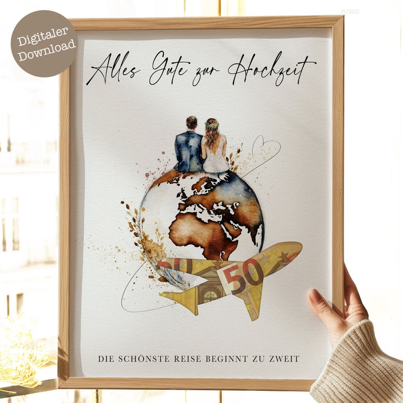 May include: A watercolor illustration of a bride and groom sitting on a globe with a paper airplane made of money flying above them. The text "Alles Gute zur Hochzeit" is written at the top of the image and "DIE SCH&Ouml;NSTE REISE BEGINNT ZU ZWEIT" is written at the bottom.