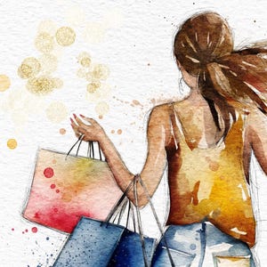 May include: A woman with long brown hair walks away from the camera carrying multiple shopping bags. The bags are a mix of pink, blue, and yellow.