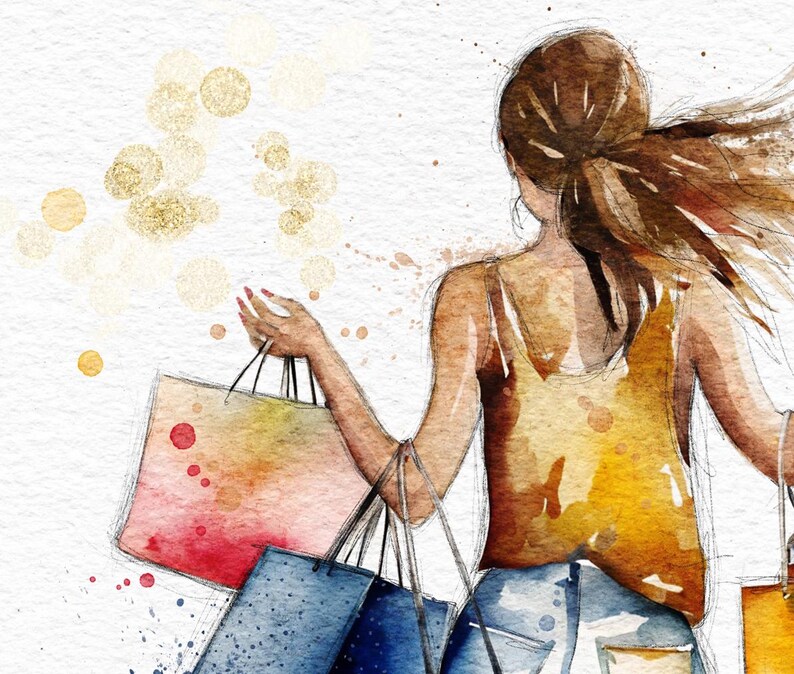 May include: A woman with long brown hair walks away from the camera carrying multiple shopping bags. The bags are a mix of pink, blue, and yellow.