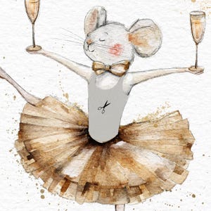 May include: A white mouse wearing a gray leotard with a pair of scissors on the front, a gold bow tie, and a brown tulle tutu. The mouse is holding a glass of champagne in each hand and is balancing on one foot.