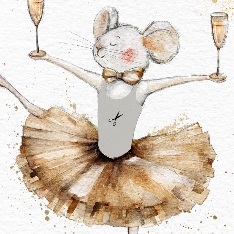 May include: A white mouse wearing a gray leotard with a pair of scissors on the front, a gold bow tie, and a brown tulle tutu. The mouse is holding a glass of champagne in each hand and is balancing on one foot.