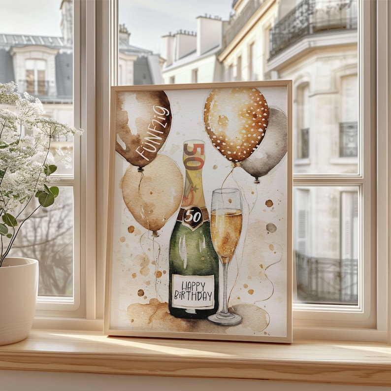 May include: A watercolor painting of a champagne bottle and glass with balloons. The bottle has a label that says "Happy Birthday". The balloons are brown, gold, and white with gold polka dots. The painting has a brown background with gold and white splatters.