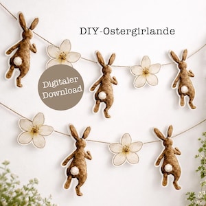 Könnte beinhalten: Eine Girlande mit braunen Hasen- und cremefarbenen Blumenausschnitten, die an einer Schnur aufgereiht sind. Die Hasen haben weiße, flauschige Schwänze. Der Text auf dem Bild lautet "DIY-Ostergirlande" und "Digitaler Download".