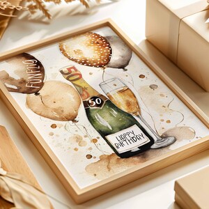 May include: A watercolor illustration of a champagne bottle and glass with balloons that say "Happy Birthday" and "Fun 20". The balloons are brown, gold, and silver.