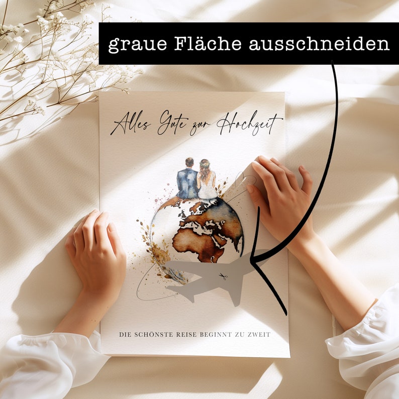 May include: A watercolor illustration of a couple sitting on a globe with an airplane flying above them. The text "Alles Gute zur Hochzeit" is written above the couple and "DIE SCH&Ouml;NSTE REISE BEGINNT ZU ZWEIT" is written below the globe.