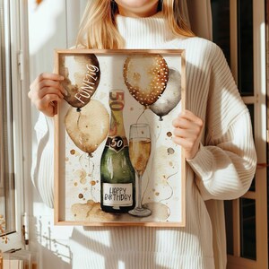 May include: A watercolor illustration of a champagne bottle with a gold label that says "Happy Birthday". The bottle is surrounded by balloons in shades of brown, gold, and white. The text "FUN21G" is written on one of the balloons.