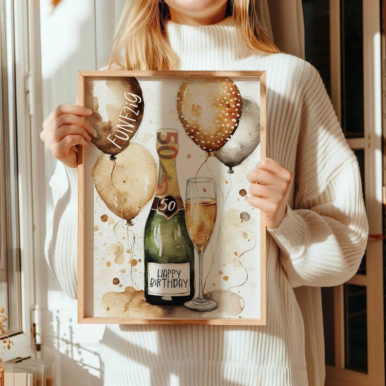 May include: A watercolor illustration of a champagne bottle with a gold label that says "Happy Birthday". The bottle is surrounded by balloons in shades of brown, gold, and white. The text "FUN21G" is written on one of the balloons.