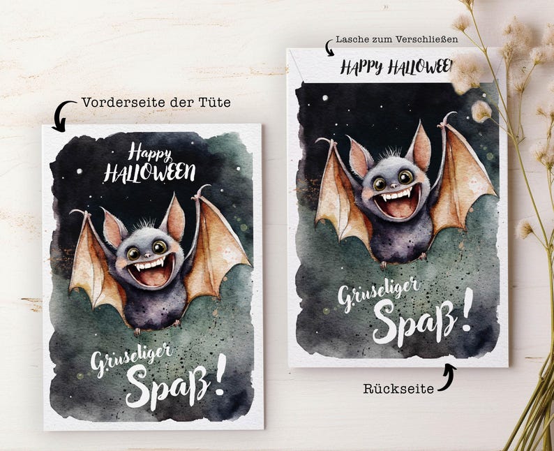 May include: A printable Halloween treat bag template featuring a cute cartoon bat with a toothy grin. The front of the bag says "Happy Halloween" and the back says "Gruseliger Spa&szlig;!" which translates to "Spooky Fun!" in English.