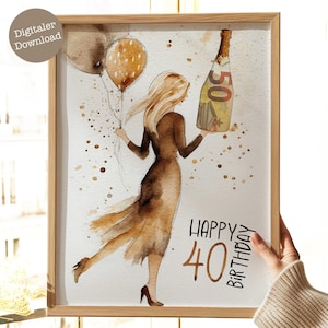 Op de afbeelding: Een aquarel-illustratie van een vrouw die een fles champagne vasthoudt met een 50 eurobiljet eromheen gewikkeld. Ze draagt een bruine jurk en houdt ballonnen vast. De tekst "Happy 40th Birthday" staat onder haar.