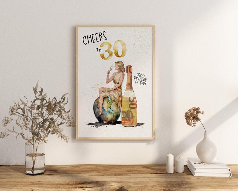 May include: A watercolor illustration of a woman sitting on a globe, holding a champagne flute. The champagne bottle is wrapped in money and the text "Cheers to 30" and "Happy Birthday to You!" is written on the card.