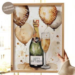 May include: A watercolor illustration of a champagne bottle with a label that says "Happy Birthday" and a glass of champagne. There are three balloons in the background, one of which says "Funfzig" which is German for "fifty".