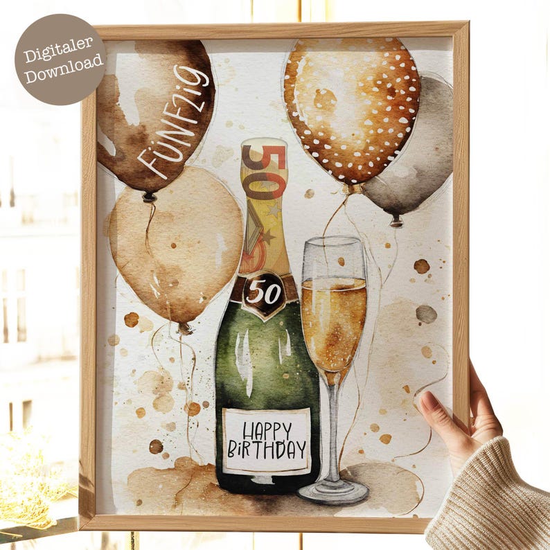May include: A watercolor illustration of a champagne bottle with a label that says "Happy Birthday" and a glass of champagne. There are three balloons in the background, one of which says "Funfzig" which is German for "fifty".