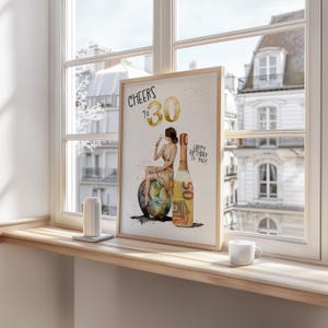 May include: A watercolor illustration of a woman sitting on a globe, holding a glass of champagne. The woman is wearing a gold dress and a gold crown. The globe is surrounded by gold confetti. The background is a light beige color. The text "Cheers to 30" is written in gold lettering at the top of the image. The text "Happy Birthday to You!" is written in gold lettering at the bottom of the image.