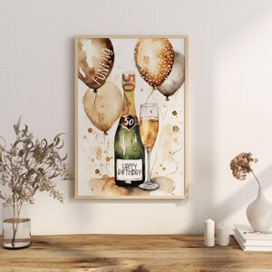 May include: A watercolor illustration of a champagne bottle with a glass of champagne. The bottle is decorated with the words "Happy Birthday" and the number "50". There are also balloons in the background, some of which have the word "Fun" written on them.
