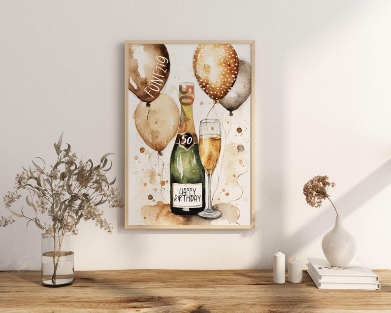 May include: A watercolor illustration of a champagne bottle with a glass of champagne. The bottle is decorated with the words "Happy Birthday" and the number "50". There are also balloons in the background, some of which have the word "Fun" written on them.