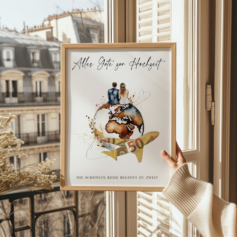 May include: A watercolor illustration of a couple sitting on a globe with a plane flying above them. The text "Alles Gute zur Hochzeit" is written at the top of the image. The text "Die sch&ouml;nste Reise beginnt zu zweit" is written at the bottom of the image.