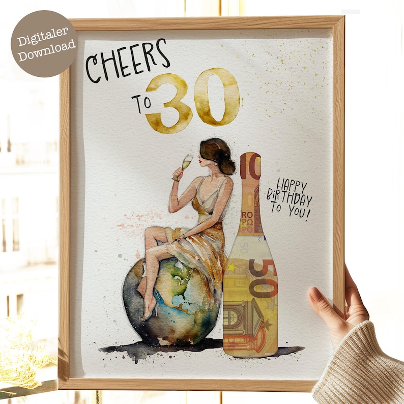 May include: A watercolor illustration of a woman sitting on a globe with a champagne bottle made of a 50 euro bill. The text "Cheers to 30" and "Happy Birthday to You!" are written on the card.