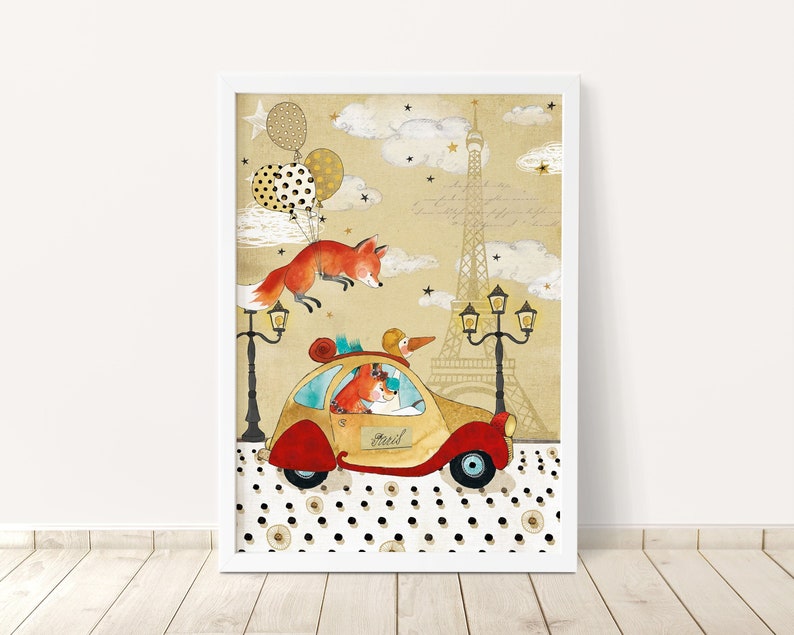 Kinderbild Citroën Ente Paris Kinderposter Fuchs und Gans Kultauto Eifelturm Bild 1