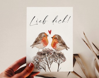 Postkarte "Lieb dich" Rotkehlchen · Valentinstagkarte · Jahrestag · Hochzeitstag · Liebe