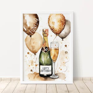 May include: A watercolor illustration of a champagne bottle with a gold label that says "Happy Birthday" and a glass of champagne. The bottle is surrounded by brown, gold, and white balloons with the number "50" on one of the balloons.