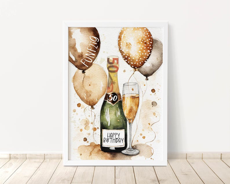 May include: A watercolor illustration of a champagne bottle with a gold label that says "Happy Birthday" and a glass of champagne. The bottle is surrounded by brown, gold, and white balloons with the number "50" on one of the balloons.