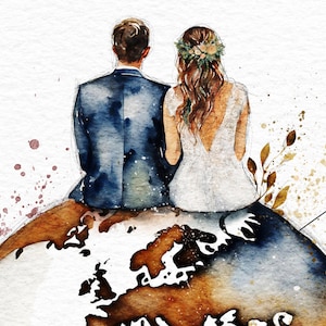 May include: A watercolor painting of a bride and groom sitting on a globe. The bride is wearing a white dress with a floral crown and the groom is wearing a blue suit. The globe is painted in shades of blue, brown, and white.