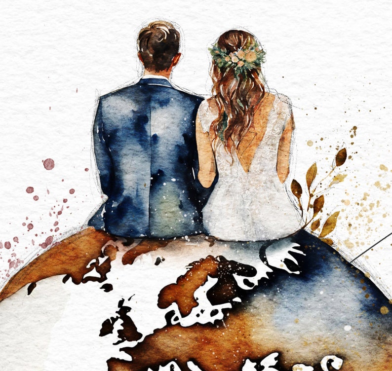 May include: A watercolor painting of a bride and groom sitting on a globe. The bride is wearing a white dress with a floral crown and the groom is wearing a blue suit. The globe is painted in shades of blue, brown, and white.