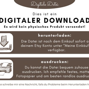Peut inclure: Un graphique brun et blanc avec le texte "Digitale Datei" et "DIGITALER DOWNLOAD". Le graphique explique qu'il s'agit d'un t&eacute;l&eacute;chargement num&eacute;rique et qu'aucun produit physique ne sera exp&eacute;di&eacute;. Il explique &eacute;galement comment t&eacute;l&eacute;charger et imprimer le fichier.