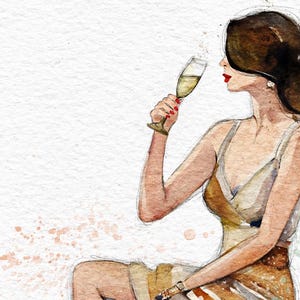 May include: A watercolor illustration of a woman in a beige dress holding a glass of champagne. She is looking to the right and has a red lipstick on. The background is a light beige with watercolor splatters.