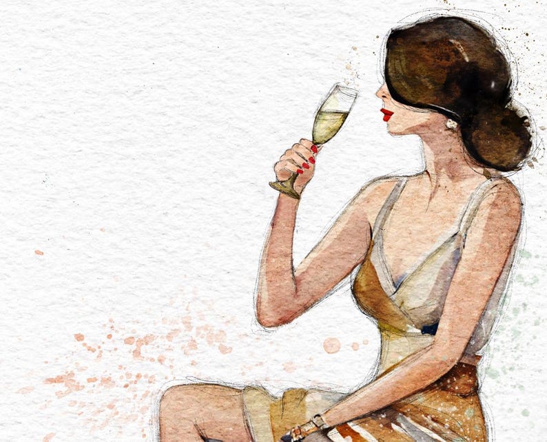 May include: A watercolor illustration of a woman in a beige dress holding a glass of champagne. She is looking to the right and has a red lipstick on. The background is a light beige with watercolor splatters.