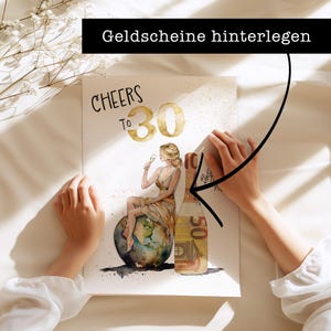 May include: A watercolor illustration of a woman sitting on a globe, holding a glass of champagne. The text "CHEERS TO 30" is written above her. The image is meant to be used as a birthday card, with the suggestion to insert a banknote into the bottle of champagne.