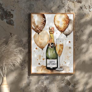 May include: A watercolor painting of a champagne bottle with a cork and a glass of champagne. The bottle is decorated with the number 50 and the words "Happy Birthday". There are also watercolor balloons in the background, some of which have the number 50 on them.