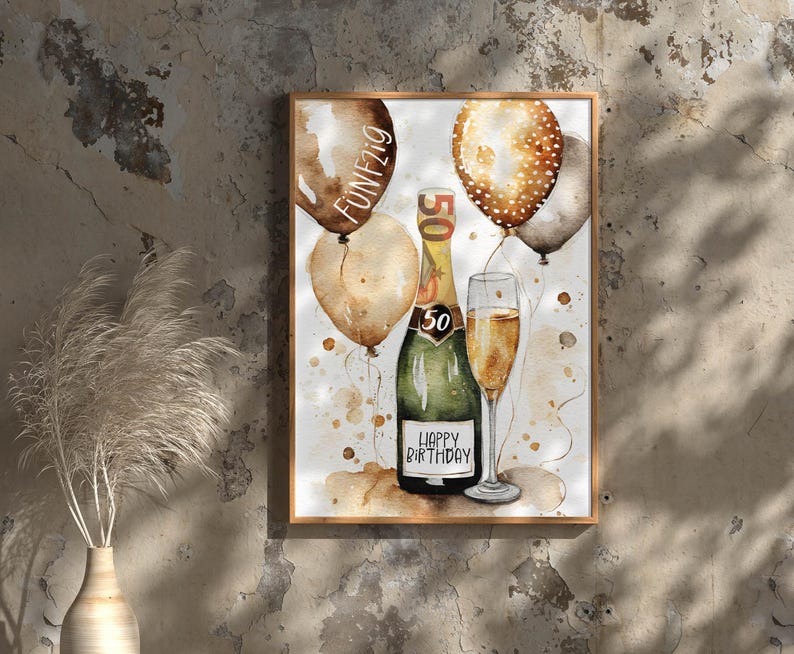 May include: A watercolor painting of a champagne bottle with a cork and a glass of champagne. The bottle is decorated with the number 50 and the words "Happy Birthday". There are also watercolor balloons in the background, some of which have the number 50 on them.