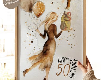 Money gift for a woman's 50th birthday | Printable template for a 50th birthday | DIY gift idea for a milestone birthday | Watercolor poster PDF digital