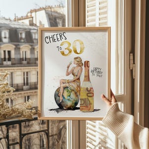 May include: A watercolor illustration of a woman sitting on a globe, holding a glass of champagne. A bottle of champagne is next to her, with the number 30 on the label. The text "Cheers to 30" and "Happy Birthday to You!" is written on the card.