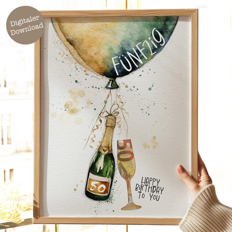 Peut inclure: Une illustration aquarelle d'un ballon vert et jaune avec le mot "F&Uuml;NFZIG" &eacute;crit dessus. Une bouteille de champagne et une fl&ucirc;te &agrave; champagne sont attach&eacute;es au ballon avec un ruban. La bouteille de champagne et la fl&ucirc;te portent le num&eacute;ro "50". Le texte "Happy Birthday To You" est &eacute;crit sous la fl&ucirc;te &agrave; champagne.