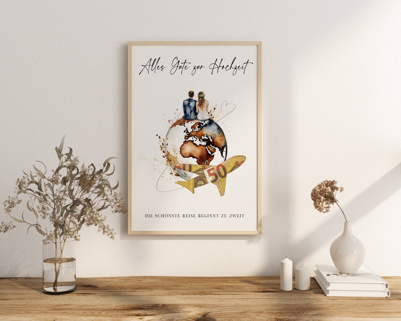 May include: A watercolor illustration of a couple sitting on a globe with a plane flying above them. The text "Alles Gute zur Hochzeit" and "Die sch&ouml;nste Reise beginnt zu zweit" is written below the image.