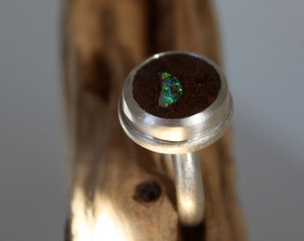 Opal ring boulder opal in matt silver