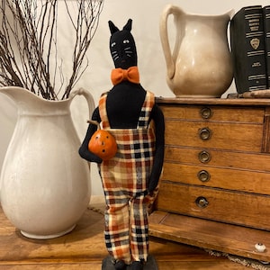 Primitive Black Cat Halloween Decor, Handmade Folk Art